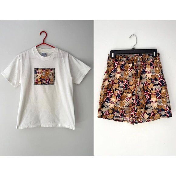 90s vintage teddy bear print USA patriotic tshirt mini shorts matching coord set - Picture 8 of 9